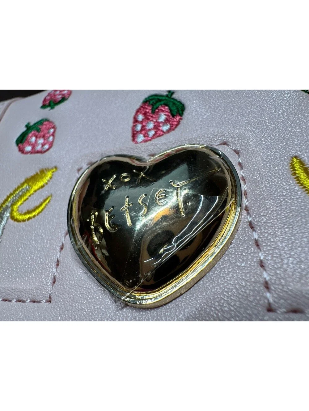 Betsey Johnson Pink Fruit Embroidered Trifold Wallet with Keychain, NWT!